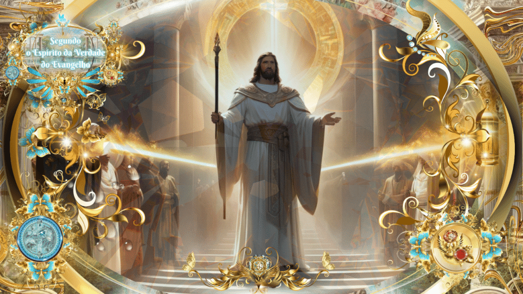 Jesus resplandecente em glória, revestido de branco e rodeado por discípulos, em um cenário celestial com detalhes dourados e ornamentações azuis.