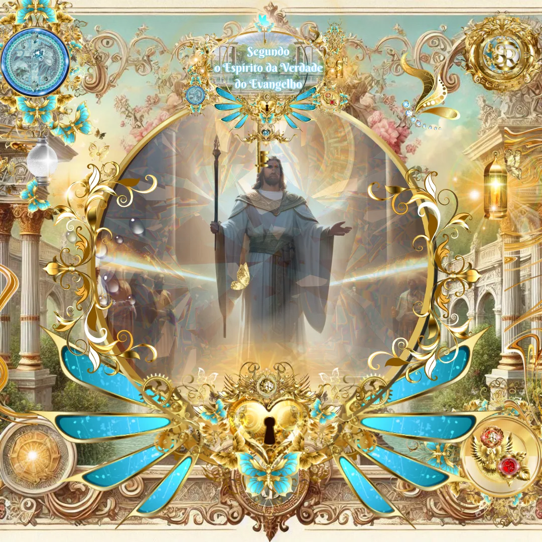 Jesus resplandecente em glória, revestido de branco e rodeado por discípulos, em um cenário celestial com detalhes dourados e ornamentações azuis.