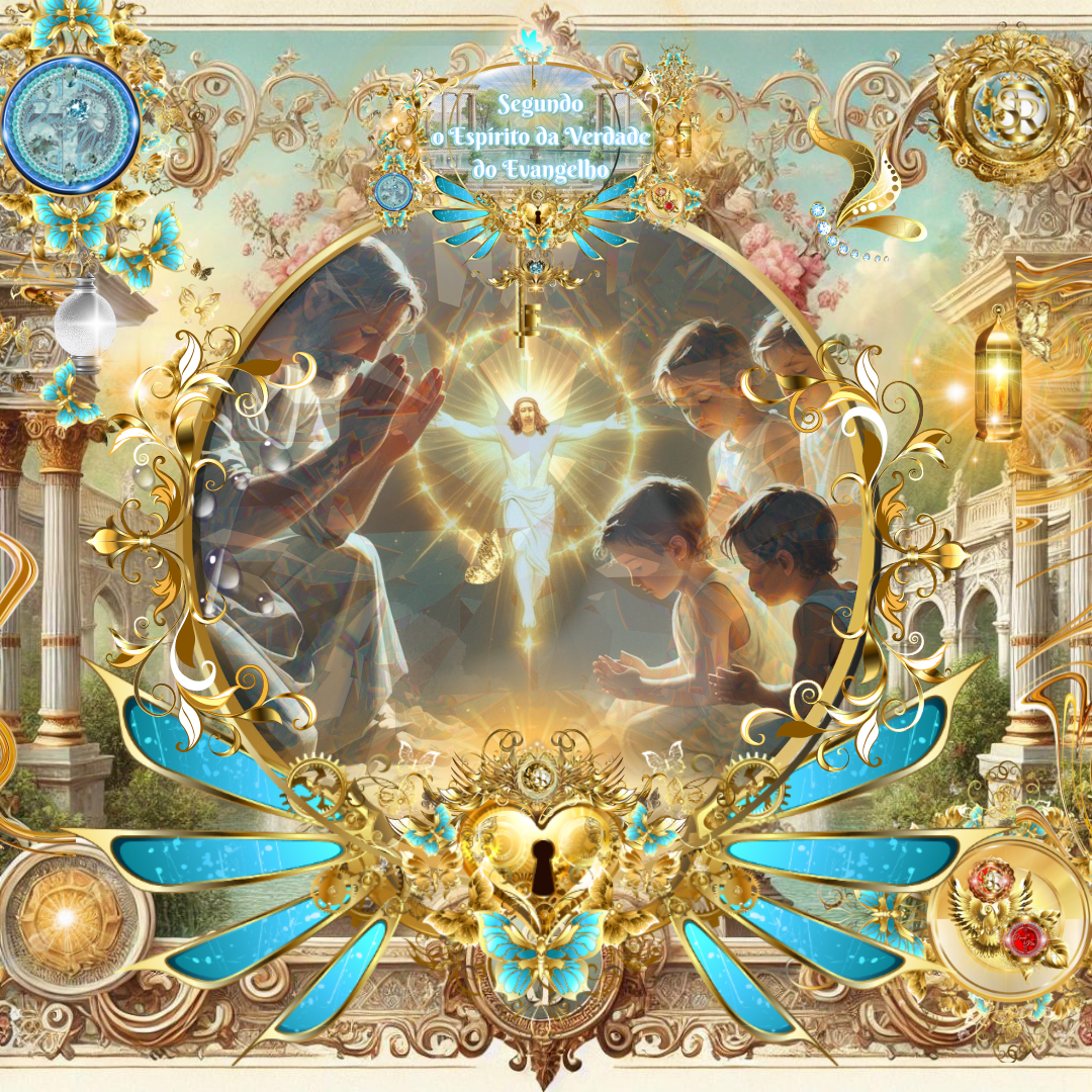 Cristo sendo formado em crianças e adultos em oração, com Jesus glorificado no centro, envolvido por luz celestial e ornamentos dourados e azuis.