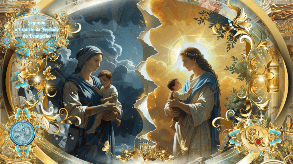 Representação espiritual das duas alianças de Gálatas 4, com mães e filhos sob a Lei e sob a Graça, em contraste de trevas e luz.