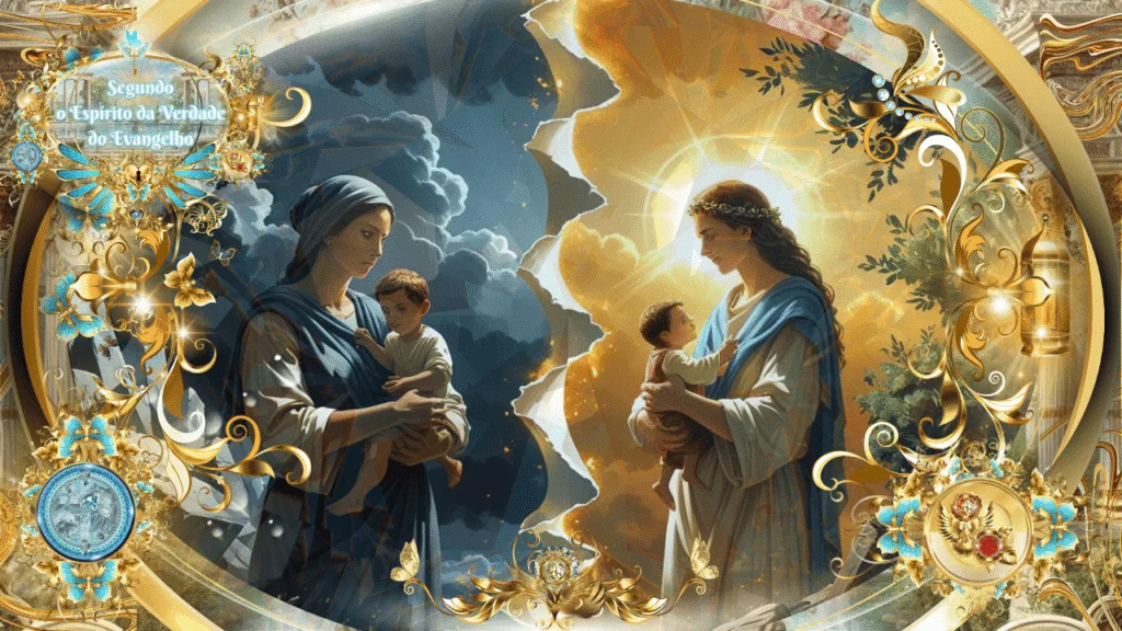 Representação espiritual das duas alianças de Gálatas 4, com mães e filhos sob a Lei e sob a Graça, em contraste de trevas e luz.