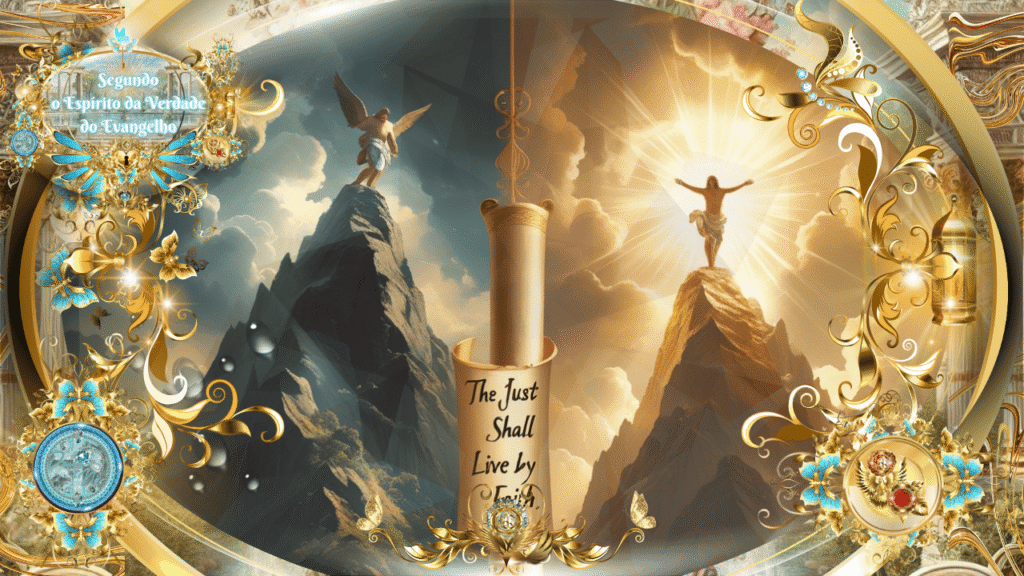 Montagem celestial representando Gálatas 4:21-23 com dois montes, um em sombras e outro iluminado, destacando a frase “The Just Shall Live by Faith” e elementos dourados e florais.