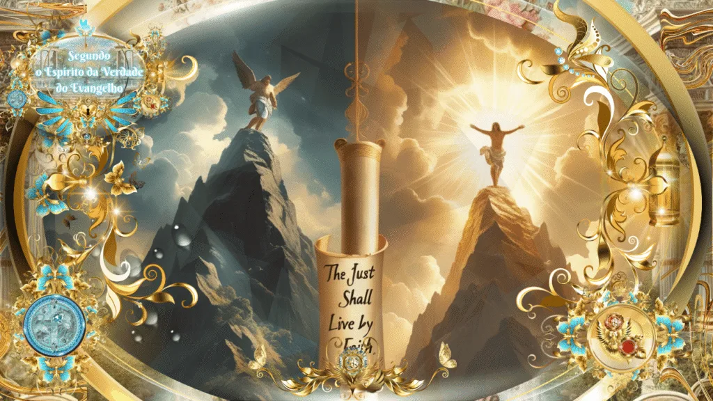 Montagem celestial representando Gálatas 4:21-23 com dois montes, um em sombras e outro iluminado, destacando a frase “The Just Shall Live by Faith” e elementos dourados e florais.