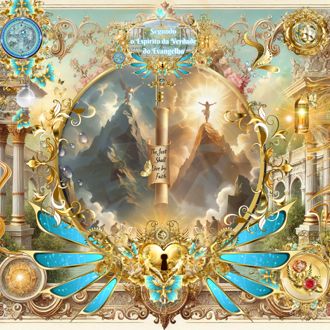 Montagem celestial representando Gálatas 4:21-23 com dois montes, um em sombras e outro iluminado, destacando a frase “The Just Shall Live by Faith” e elementos dourados e florais.