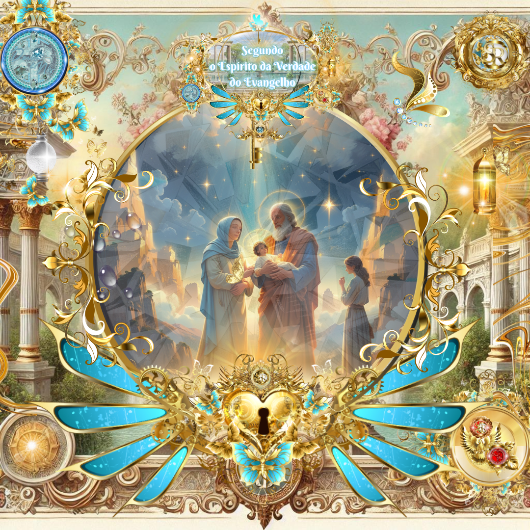 Família sagrada com o menino Isaque (figura de Jesus) em destaque, cercada por luz celestial e ornamentos dourados, representando uma cena de revelação divina.