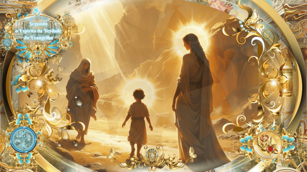 Representação simbólica de Sarah e Isaac caminhando sob a luz divina. A figura à direita alude à Jerusalém Celestial e a Jesus. Arte com elementos dourados e texto "Segundo o Espírito da Verdade do Evangelho".