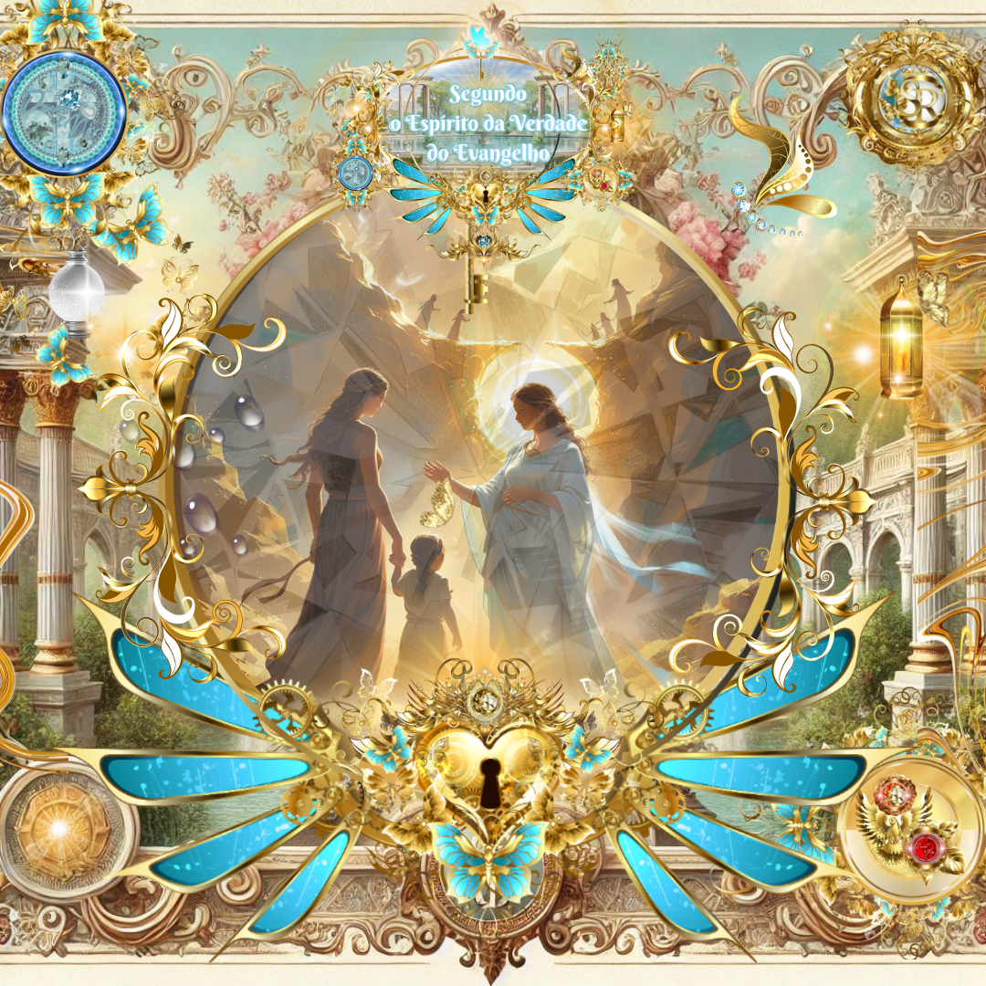 Representação simbólica de Sarah e Isaac caminhando sob a luz divina. A figura à direita alude à Jerusalém Celestial e a Jesus. Arte com elementos dourados e texto "Segundo o Espírito da Verdade do Evangelho".