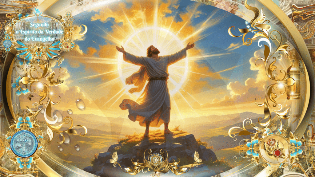 Imagem artística gloriosa de Jesus libertando-se de correntes, simbolizando a liberdade em Cristo segundo Gálatas 5:1, com elementos celestiais e a representação da Jerusalém do alto.
