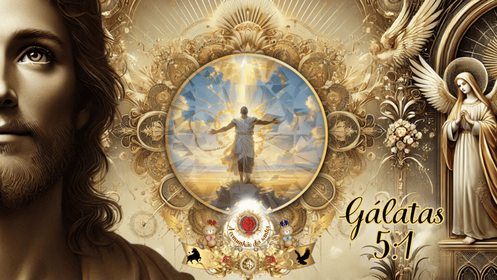 Ilustração celestial de Gálatas 5:1, representando Jesus e a liberdade espiritual, com Sara e Isaque como símbolos da promessa da Jerusalém celestial.
