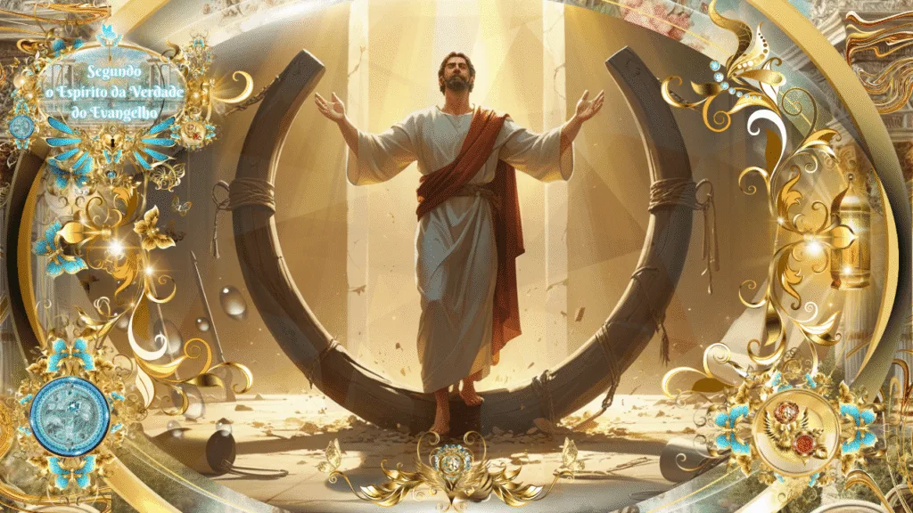 Jesus rompendo o jugo, em meio a raios de luz e ornamentos dourados, representando a liberdade do Espírito conforme Gálatas 5.