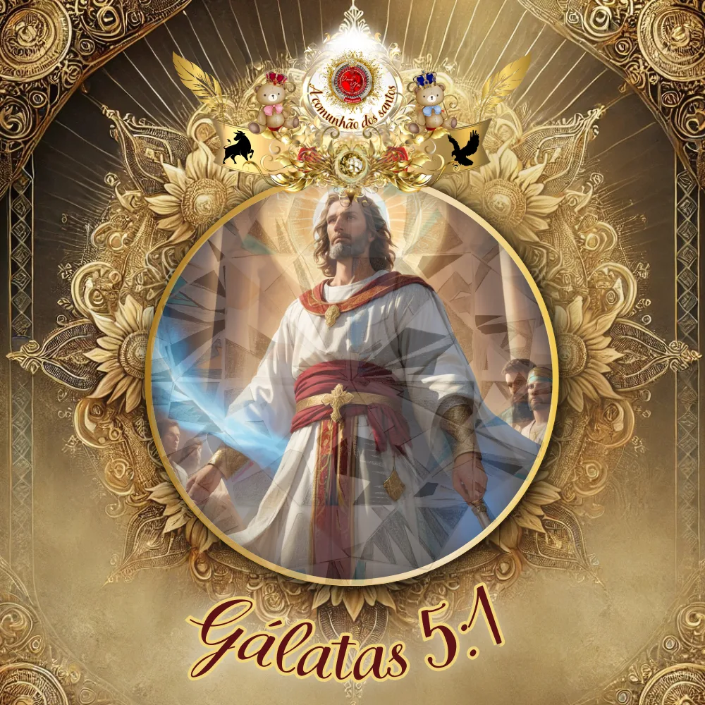 Apóstolo Paulo pregando com autoridade divina, segurando pergaminhos de Gálatas, rodeado por discípulos em cenário celestial decorado com elementos dourados e simbologia espiritual.