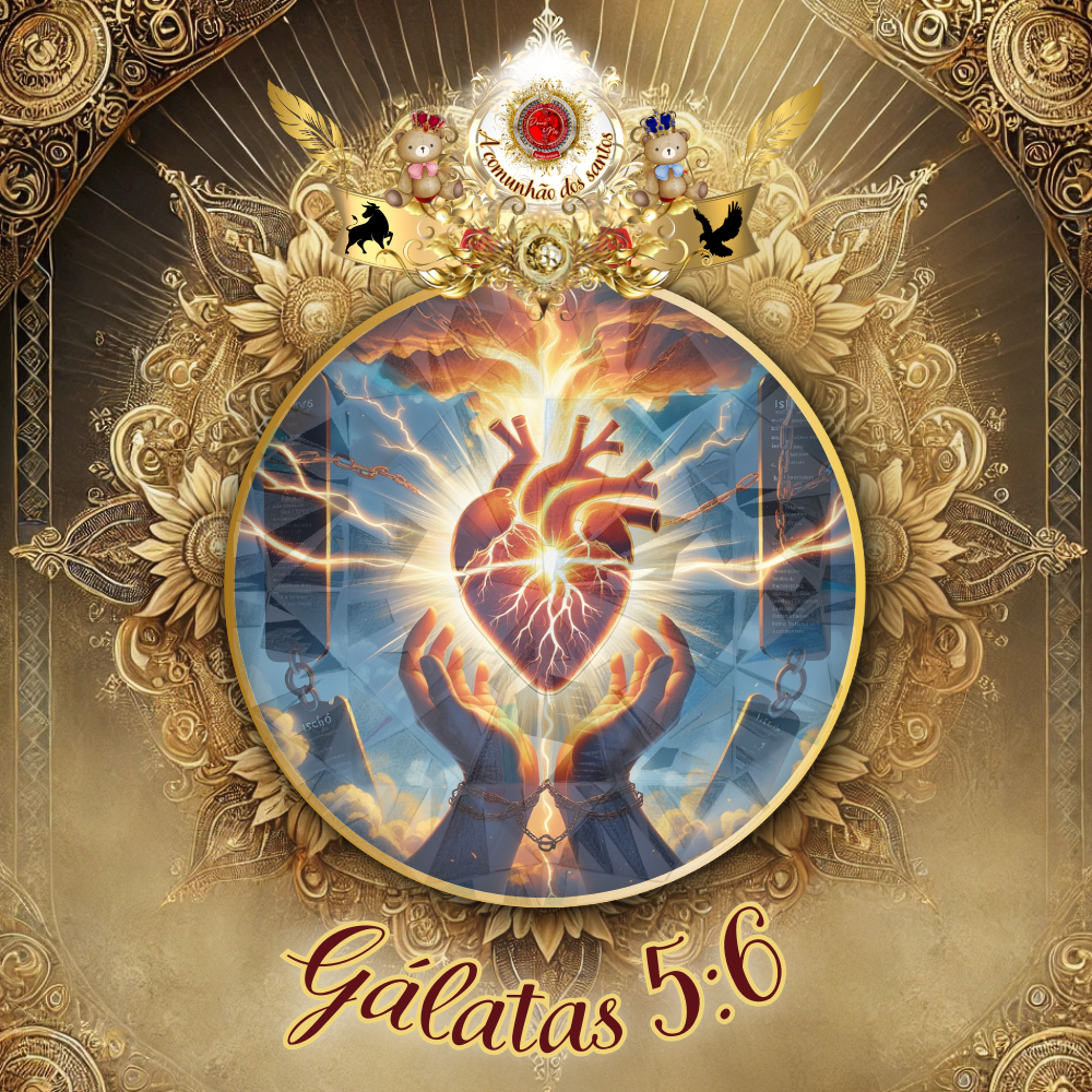 Ilustração espiritual com mãos erguidas libertas das correntes, oferecendo um coração radiante ao céu, representando a fé que atua pelo amor em Gálatas 5:6.