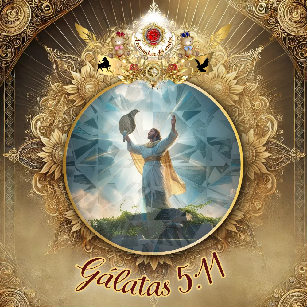 Imagem artística de homem em vestes brancas e manto dourado, erguendo uma trombeta sob intensa luz celestial, rodeado por moldura dourada com ornamentos, anjos e flores, com o versículo Gálatas 5:11 e o selo "A Comunhão dos Santos" da Deus e Nós Igreja Online.