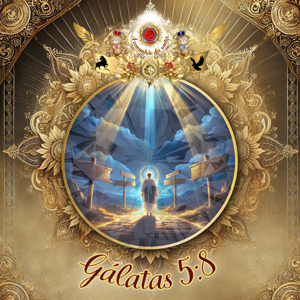 Representação espiritual da fé atuante em amor, com Jesus, anjos e luz celestial, ilustrando Gálatas 5:8