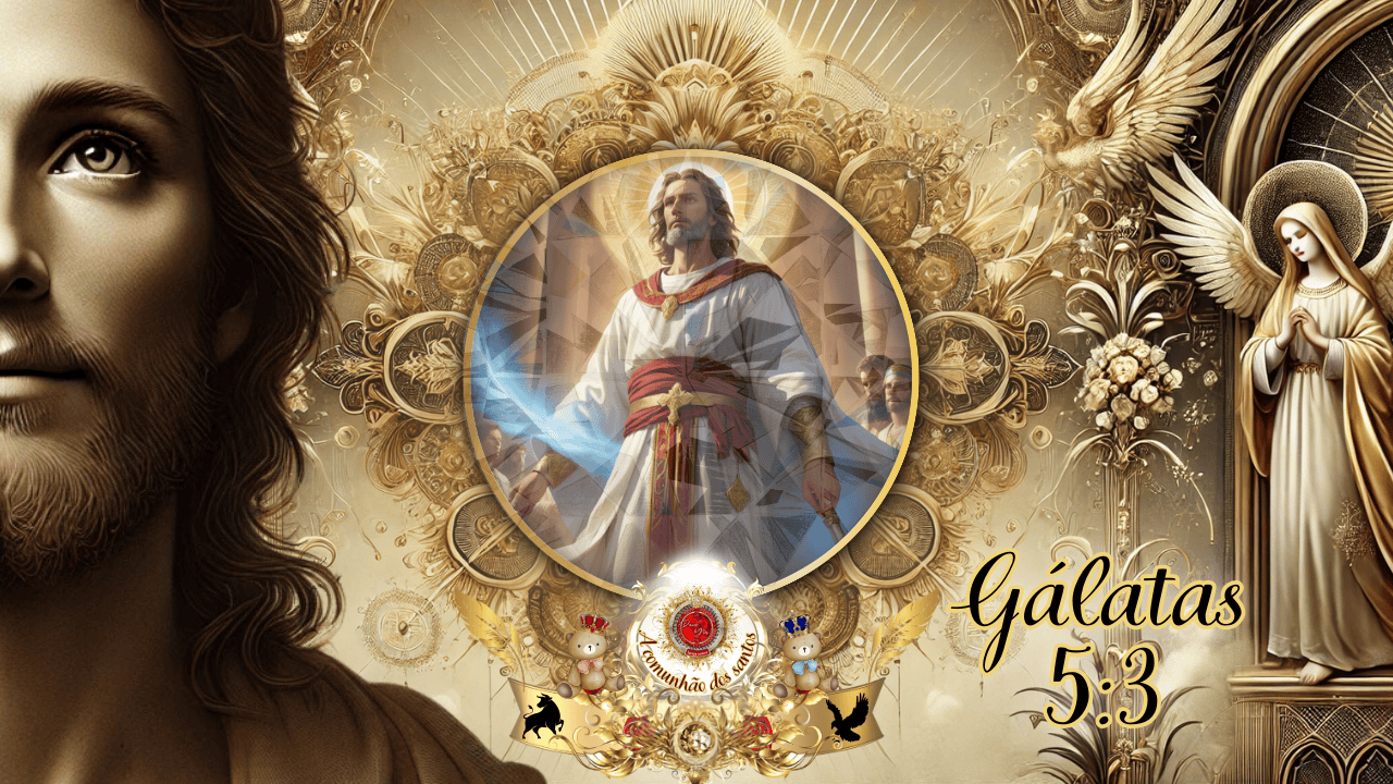 Apóstolo Paulo pregando com autoridade divina, segurando pergaminhos de Gálatas, rodeado por discípulos em cenário celestial decorado com elementos dourados e simbologia espiritual.