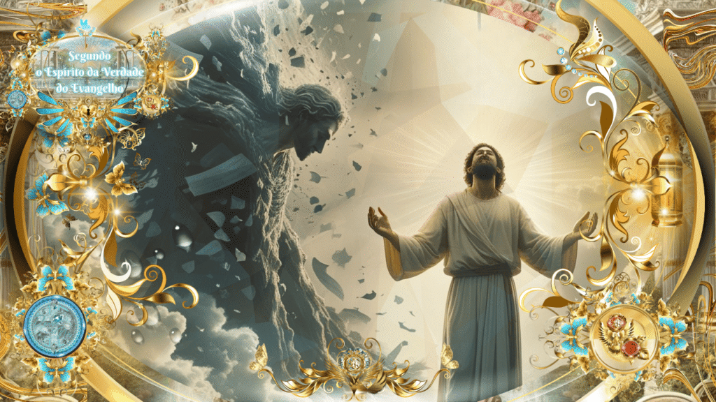 Cristão recebendo revelação do Espírito, rodeado por ornamentos celestiais e elementos dourados, representando Gálatas 5:10 segundo o Espírito da Verdade do Evangelho. Veja que há uma figura opressiva tentando se opor, mas o foco do cristão é o Deus Altíssimo, o Senhor JESUS CRISTO, nosso Aba, Pai.