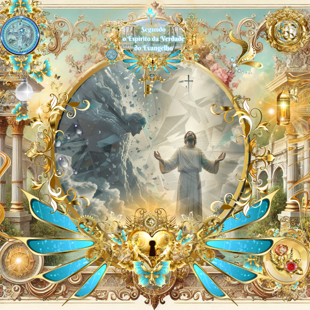 Cristão recebendo revelação do Espírito, rodeado por ornamentos celestiais e elementos dourados, representando Gálatas 5:10 segundo o Espírito da Verdade do Evangelho. Veja que há uma figura opressiva tentando se opor, mas o foco do cristão é o Deus Altíssimo, o Senhor JESUS CRISTO, nosso Aba, Pai.