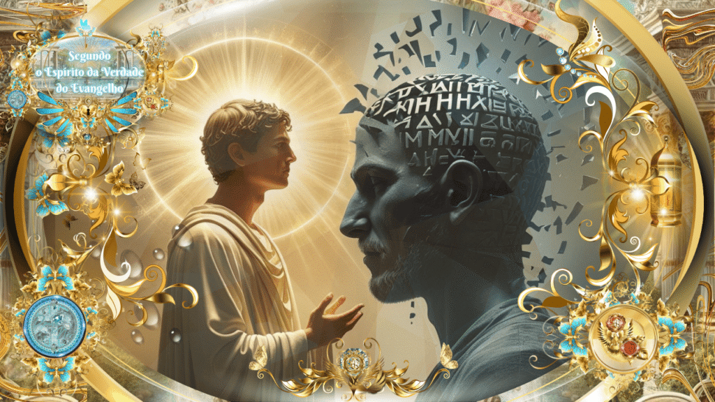 Jovem iluminado pelo Espírito Santo confronta uma figura sombria com mente fragmentada por letras antigas, em representação espiritual do conflito entre a verdade do Evangelho e a corrupção da mente carnal.