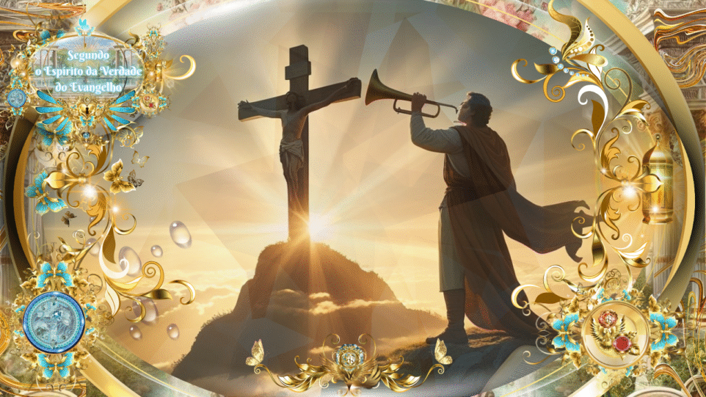 Homem tocando trombeta (figura para pregação sobre a Cruz de Jesus Cristo) diante da cruz de Cristo sobre o monte, envoltos por moldura celestial dourada e azul com flores, borboletas e ornamentos, sob o tema de Gálatas 5:11, segundo o Espírito da Verdade do Evangelho.
