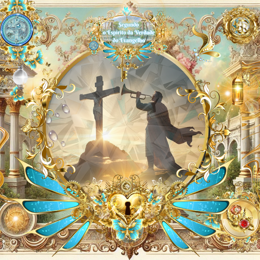 Homem tocando trombeta (figura para pregação sobre a Cruz de Jesus Cristo) diante da cruz de Cristo sobre o monte, envoltos por moldura celestial dourada e azul com flores, borboletas e ornamentos, sob o tema de Gálatas 5:11, segundo o Espírito da Verdade do Evangelho.