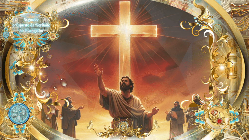 Jesus glorificado, à frente da cruz resplandecente, com discípulos ao fundo, rodeado por ornamentos celestiais dourados e azuis, representando Gálatas 5:11 segundo o Espírito da Verdade do Evangelho.