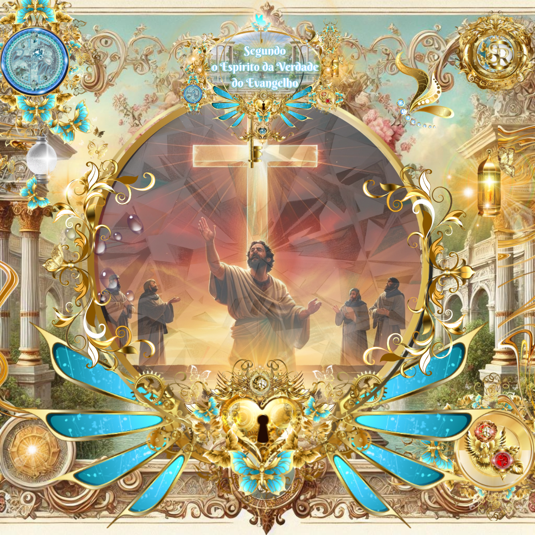 Jesus glorificado, à frente da cruz resplandecente, com discípulos ao fundo, rodeado por ornamentos celestiais dourados e azuis, representando Gálatas 5:11 segundo o Espírito da Verdade do Evangelho.