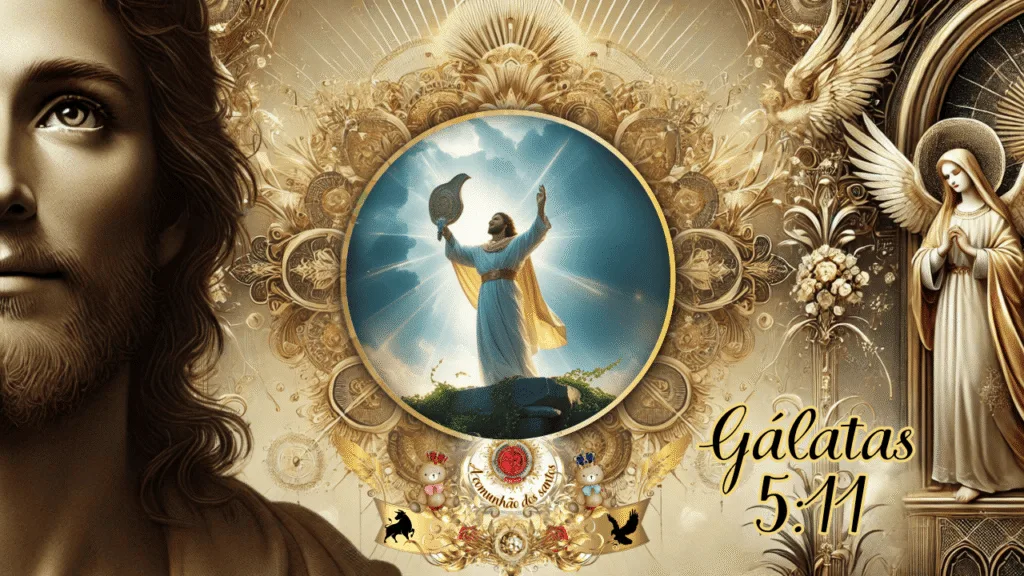 Imagem artística de homem em vestes brancas e manto dourado, erguendo uma trombeta sob intensa luz celestial, rodeado por moldura dourada com ornamentos, anjos e flores, com o versículo Gálatas 5:11 e o selo "A Comunhão dos Santos" da Deus e Nós Igreja Online.