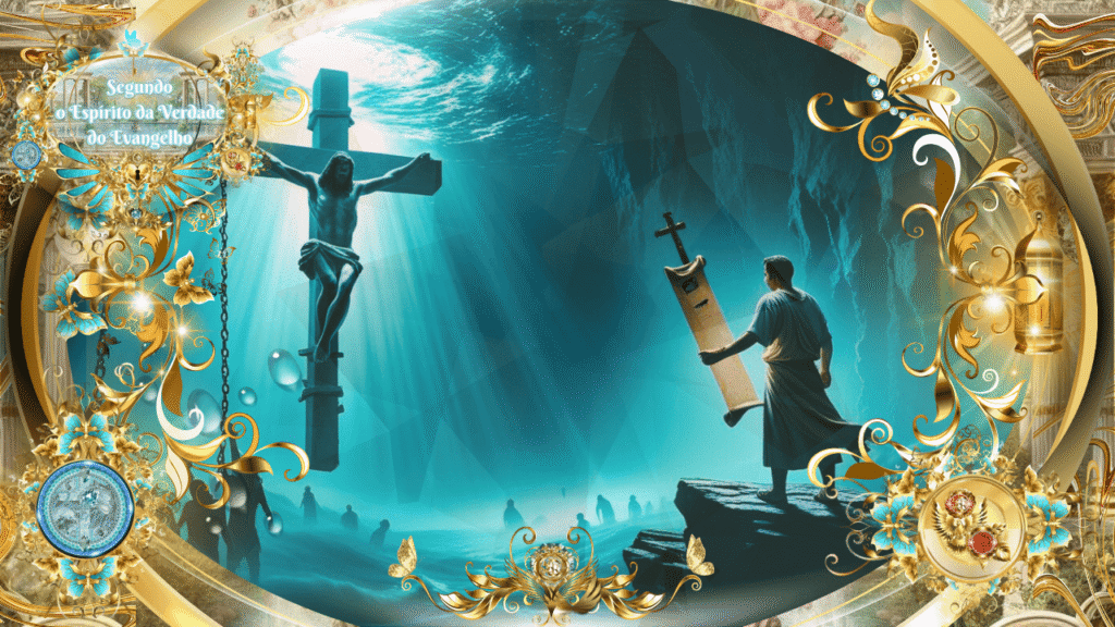 Imagem espiritual mostrando Cristo crucificado iluminado por raios celestiais, com homem segurando pergaminho e cruz, cercados por ambiente aquático profundo, representando que o batismo que agora nos salva foi o sacríficio feito por Jesus ao se entregar por nós, ir ao inferno, pregar aos mortos, ser justificado por Deus e coroado de glória e de honra sobre todo nome que se possa nomear, nesta era ou na porvir; moldura dourada com flores azuis, arabescos, borboletas e inscrição: "Segundo o Espírito da Verdade do Evangelho", símbolo "A Comunhão dos Santos" da Deus e Nós Igreja Online.