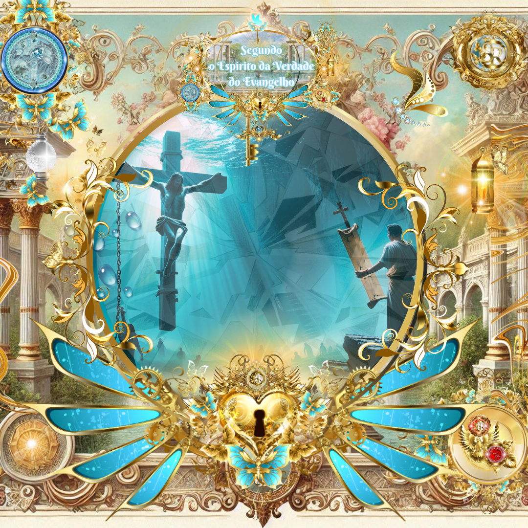 Imagem espiritual mostrando Cristo crucificado iluminado por raios celestiais, com homem segurando pergaminho e cruz, cercados por ambiente aquático profundo, representando que o batismo que agora nos salva foi o sacríficio feito por Jesus ao se entregar por nós, ir ao inferno, pregar aos mortos, ser justificado por Deus e coroado de glória e de honra sobre todo nome que se possa nomear, nesta era ou na porvir; moldura dourada com flores azuis, arabescos, borboletas e inscrição: "Segundo o Espírito da Verdade do Evangelho", símbolo "A Comunhão dos Santos" da Deus e Nós Igreja Online.