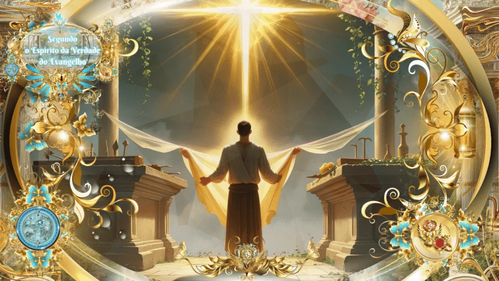 Homem de costas diante de dois altares, segurando um véu aberto, contemplando uma cruz radiante de luz dourada no céu, rodeado por ornamentos celestiais e florais em dourado e azul.