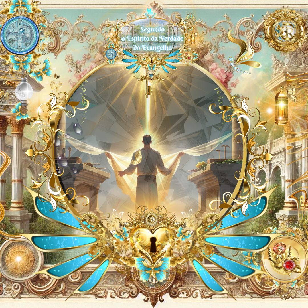Homem de costas diante de dois altares, segurando um véu aberto, contemplando uma cruz radiante de luz dourada no céu, rodeado por ornamentos celestiais e florais em dourado e azul.