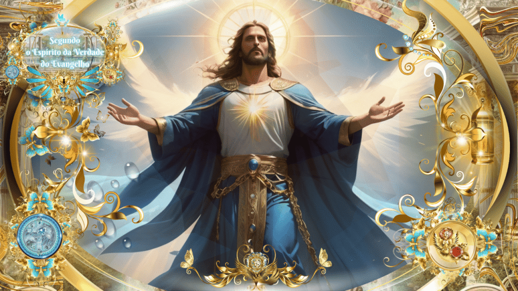 Jesus glorificado com braços abertos, rodeado por ornamentos dourados e celestiais, irradiando luz do peito — representação espiritual da verdade do Evangelho.