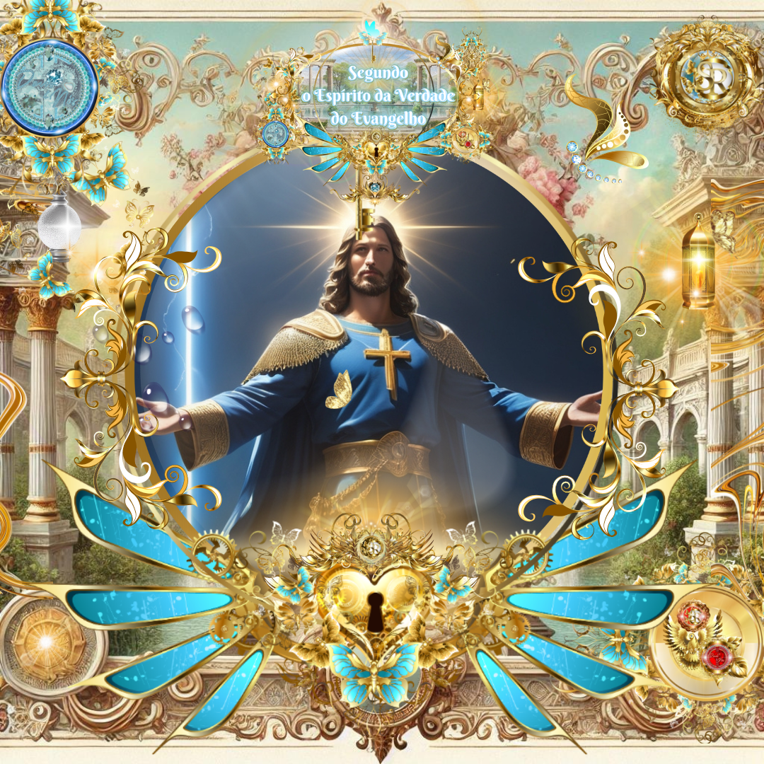 Jesus glorificado com braços abertos, rodeado por ornamentos dourados e celestiais, irradiando luz do peito — representação espiritual da verdade do Evangelho.