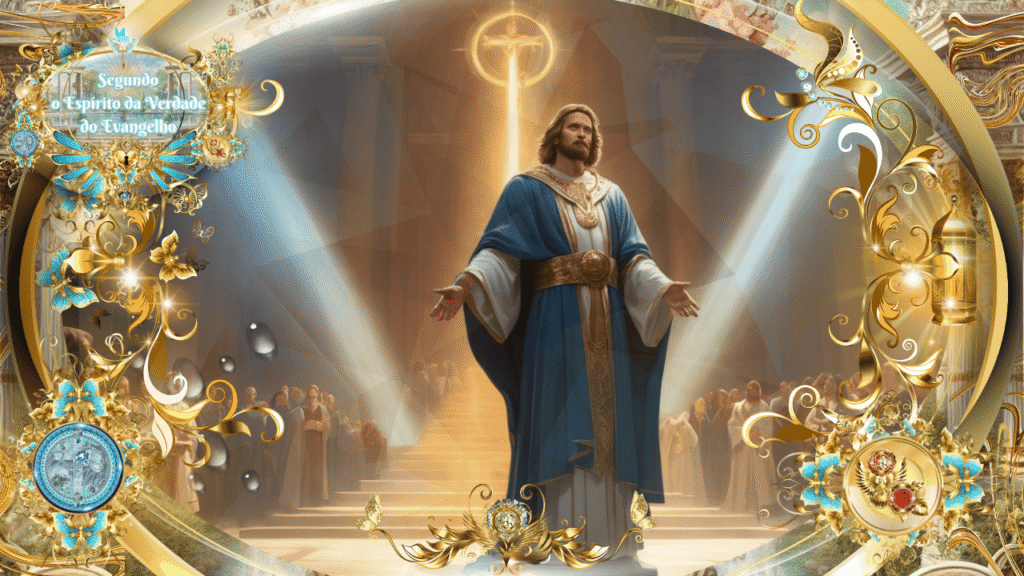 Jesus glorificado de braços abertos, envolto em luz celestial dourada, diante de uma multidão, com elementos florais e simbólicos ao redor e a frase “Segundo o Espírito da Verdade do Evangelho”.