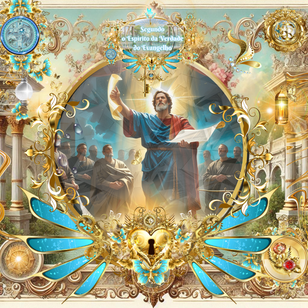 Apóstolo Paulo pregando com autoridade divina, segurando pergaminhos de Gálatas, rodeado por discípulos em cenário celestial decorado com elementos dourados e simbologia espiritual.