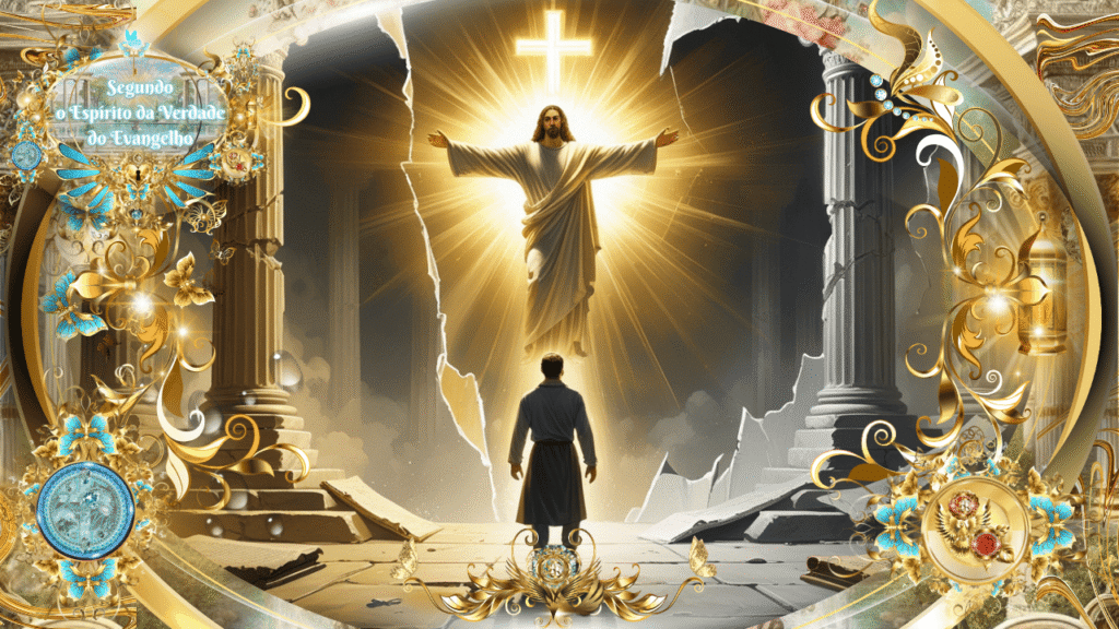 Jesus glorificado em luz celestial, com braços abertos, diante de um homem arrependido em ruínas sagradas, envoltos por adornos dourados e azuis celestiais.