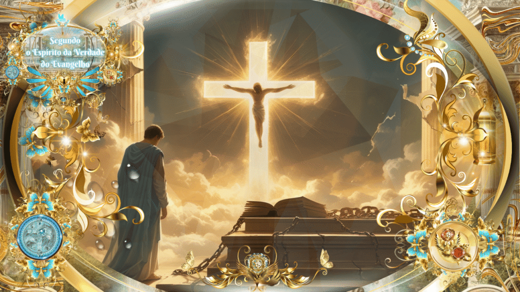 Homem diante de cruz gloriosa com Cristo resplandecente, cercado por elementos dourados e livros abertos, em cenário celestial.