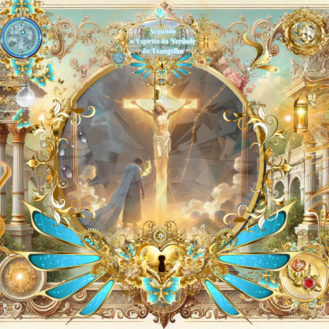 Imagem gloriosa de um homem diante de Jesus Cristo crucificado em uma cruz radiante, cercado por elementos dourados e celestiais, representando a revelação segundo o Espírito da Verdade do Evangelho.