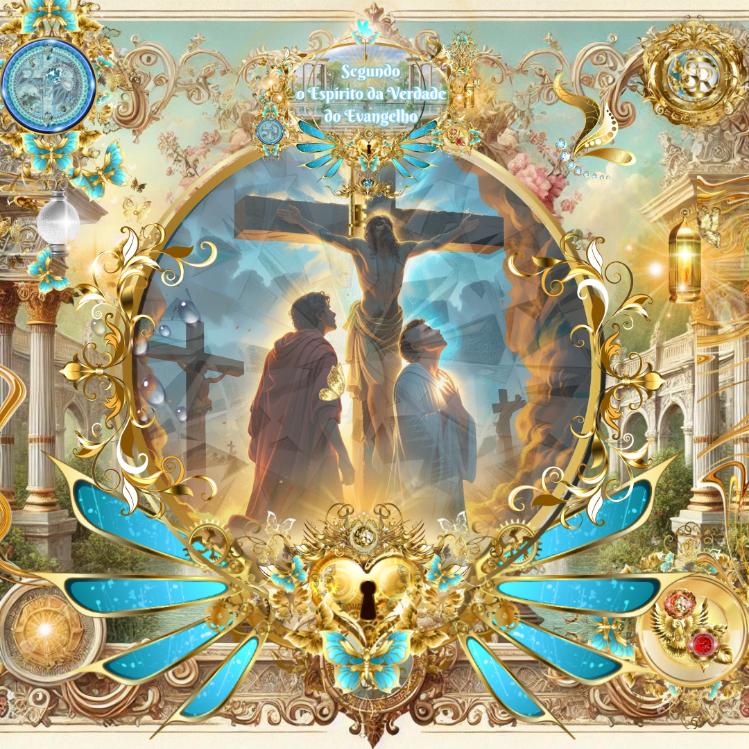 Casal diante da cruz gloriosa de Jesus, envolto em luz dourada e ornamentos celestiais, representando fé, arrependimento e a esperança pela justiça através do Espírito.