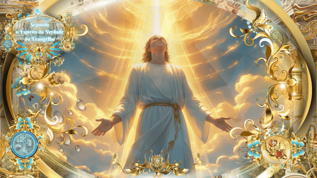 Figura gloriosa de Jesus em luz dourada, braços abertos sob o céu celestial, cercado por ornamentos simbólicos do Espírito da Verdade.