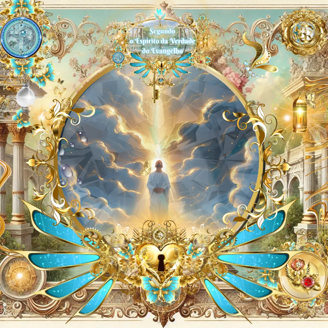 Homem vestido de branco contempla o céu aberto com luz divina intensa entre nuvens douradas, emoldurado por ornamentos celestiais dourados e azuis, em uma cena espiritual gloriosa.