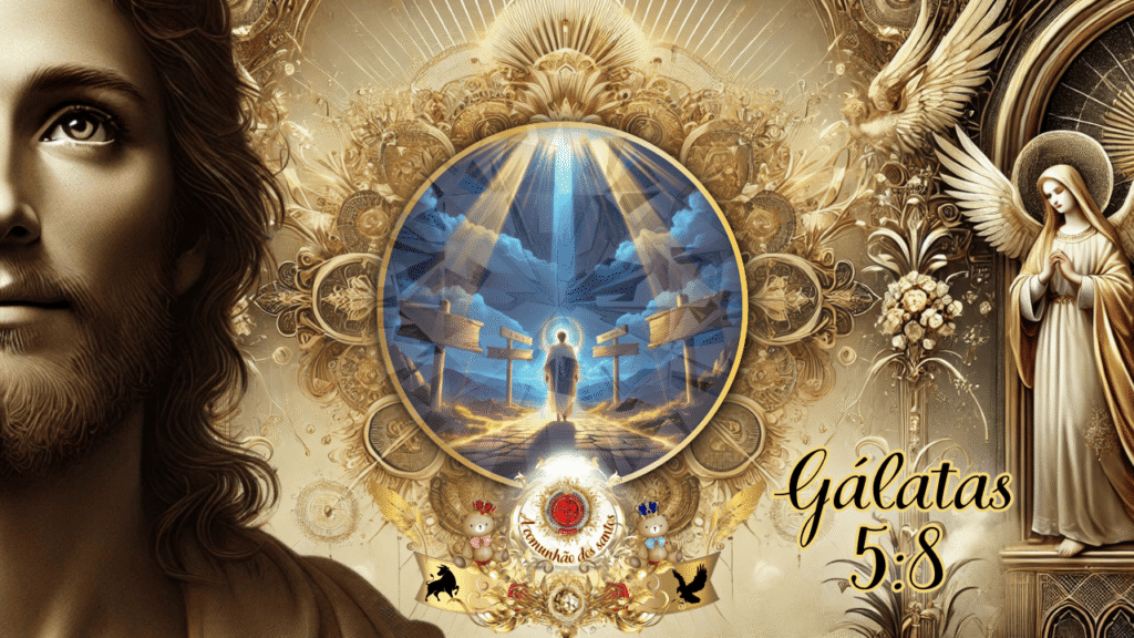 Representação espiritual da fé atuante em amor, com Jesus, anjos e luz celestial, ilustrando Gálatas 5:8