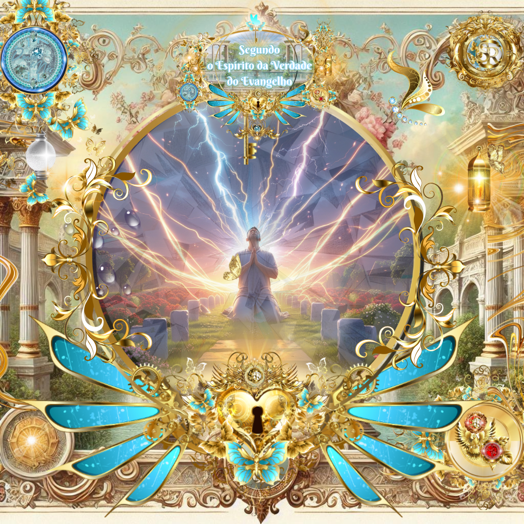 Homem ajoelhado entre túmulos com mãos erguidas, cercado por relâmpagos celestiais e luzes gloriosas, em um cenário celestial adornado com detalhes dourados e florais.