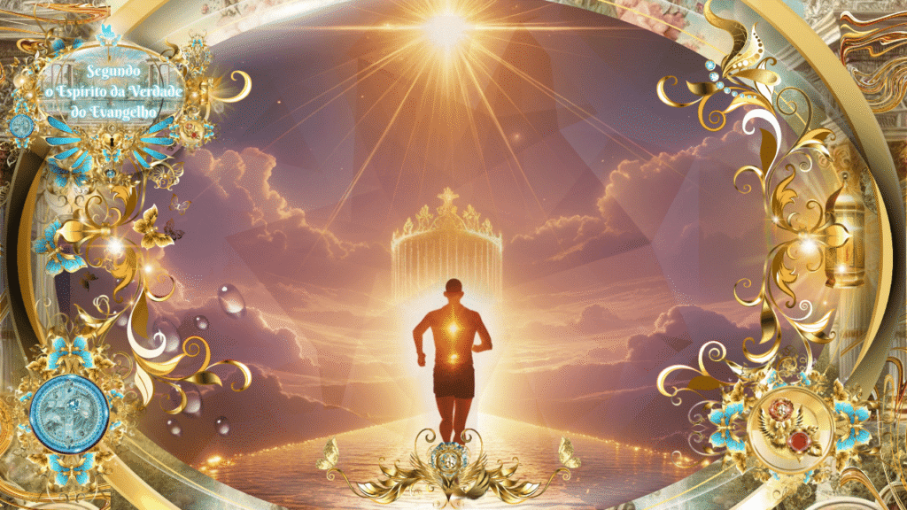 Homem correndo em direção a uma coroa celestial dourada entre nuvens gloriosas, envolto por elementos florais e luz divina, simbolizando a perseverança na fé segundo o Espírito da Verdade do Evangelho.