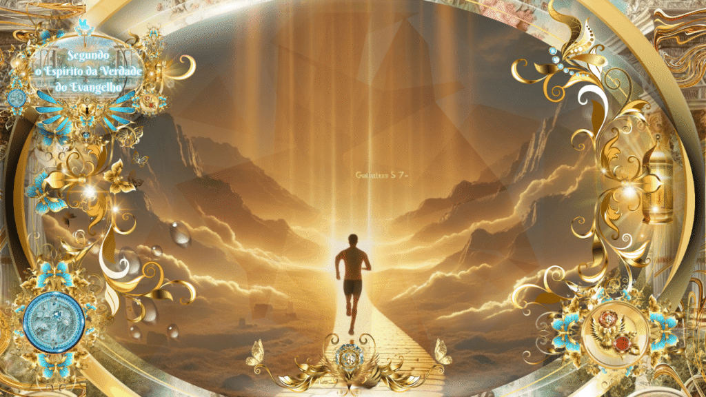 Homem correndo por um caminho de luz dourada em direção ao céu, cercado por ornamentos celestiais e a citação de Gálatas 5:7, representando a jornada espiritual segundo o Espírito da Verdade do Evangelho.