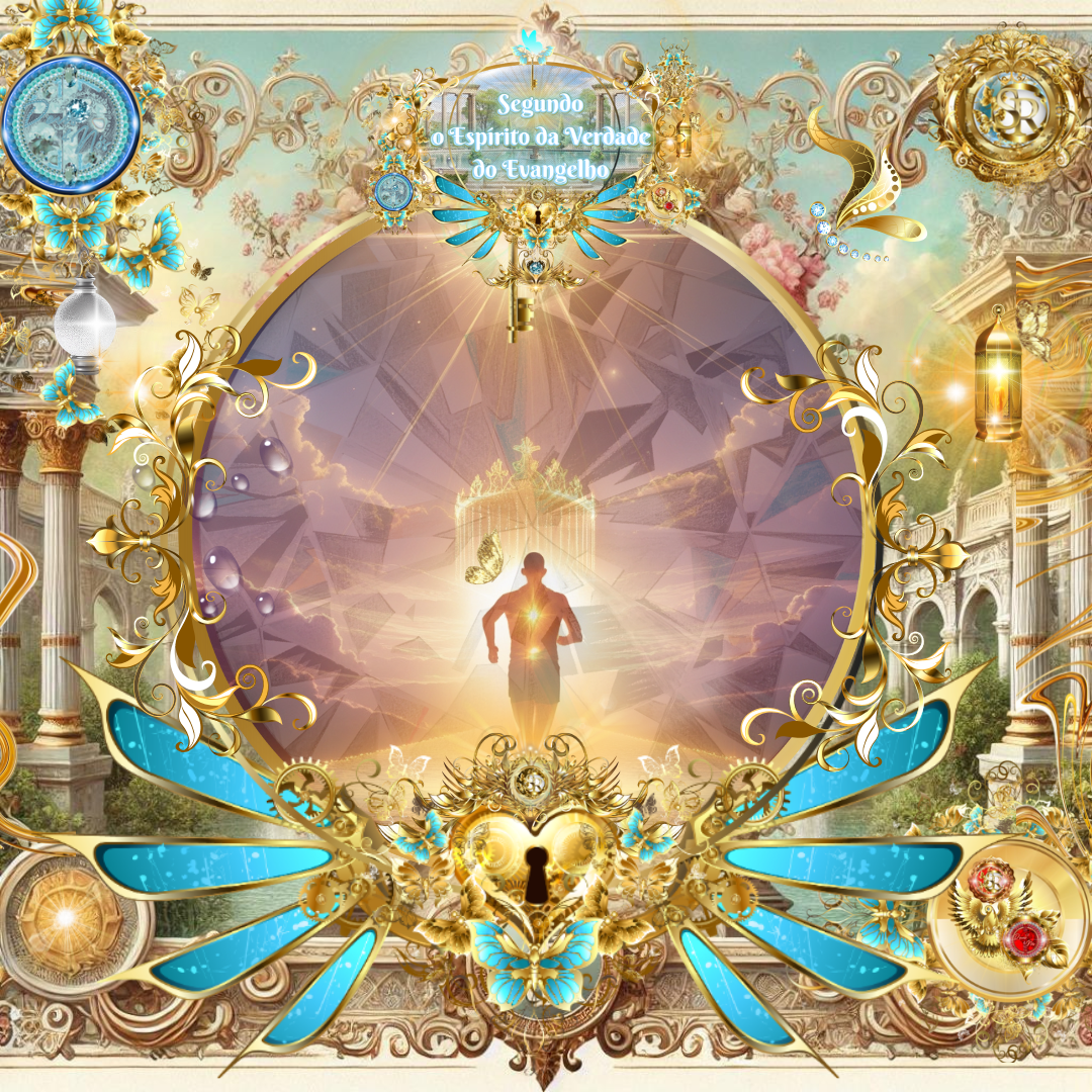 Homem correndo em direção a uma coroa celestial dourada entre nuvens gloriosas, envolto por elementos florais e luz divina, simbolizando a perseverança na fé segundo o Espírito da Verdade do Evangelho.
