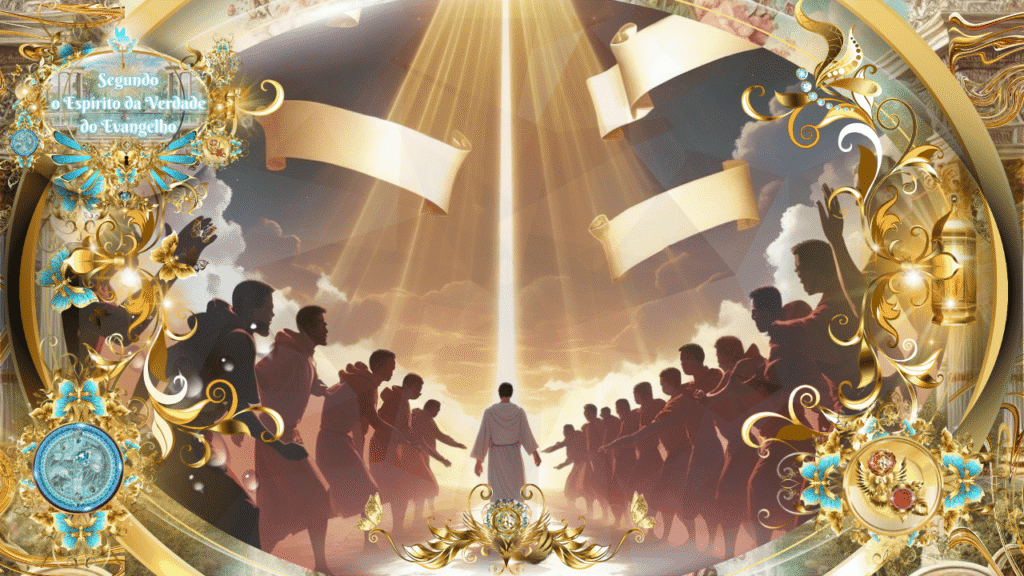 Imagem espiritual inspirada em Gálatas 5:8-10 com figura central iluminada, multidões dos dois lados, elementos celestiais e ornamentos dourados, ilustrando o chamado puro do Evangelho verdadeiro em contraste com persuasões enganosas.