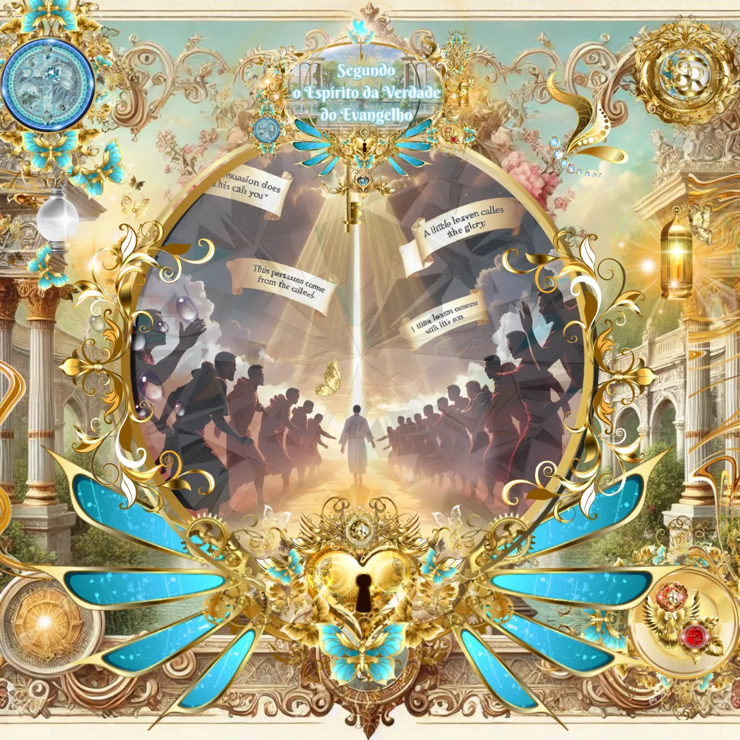 Imagem espiritual inspirada em Gálatas 5:8-10 com figura central iluminada, multidões dos dois lados, elementos celestiais e ornamentos dourados, ilustrando o chamado puro do Evangelho verdadeiro em contraste com persuasões enganosas.