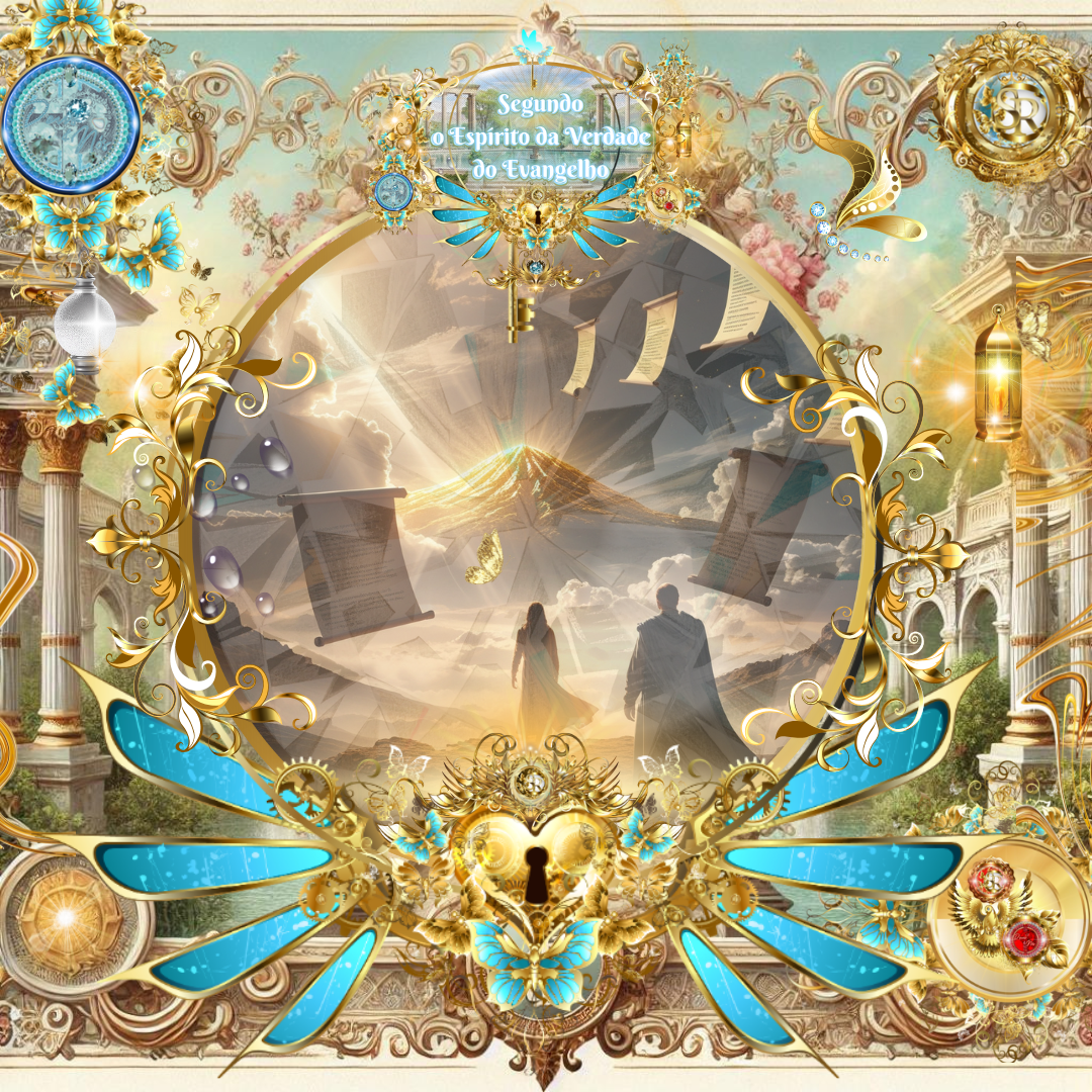 Imagem espiritual gloriosa mostrando um nascer do sol radiante atrás de uma montanha, com rolos de pergaminho voando e figuras humanas contemplando a luz celestial, cercada por molduras douradas ornamentadas e elementos simbólicos do Espírito da Verdade.