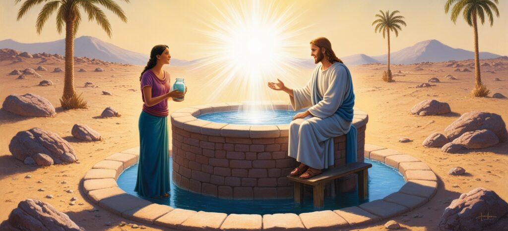 Jesus explicando para a Samaritana que a água que Ele dá de beber e que se torna uma fonte de águas vivas a jorrar não é a água física que quem beber terá sede, ou que quem se banhar ficará fisicamente limpo (1Pe 3:19), mas sim é o nascer d'Ele, adorar a Deus em Espírito e em verdade.